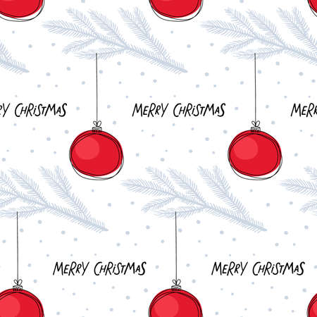 Seamless pattern with Christmas Tree Ball on spruce branch and inscription. Hand Drawn letterimg and Linear Red decoration Vector Christmas symbol. For textile, fabric, wrapping paper, wallpaperのイラスト素材