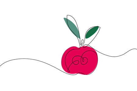Continuous one line drawing apple.  Abstract hand drawn fruit by one line. Organic simple icon with red and green spots on white background. Fashionable trend vector illustrationのイラスト素材