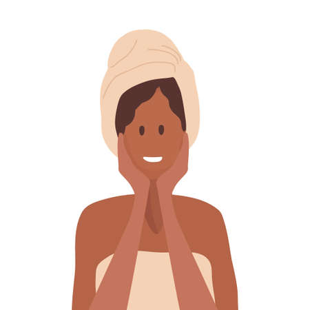 African American woman with towel on her head holds hands at face. Hand drawn beautiful woman portrait. Beauty spa treatment and relax concept. Flat vector illustration for cosmetic skin care concept.のイラスト素材