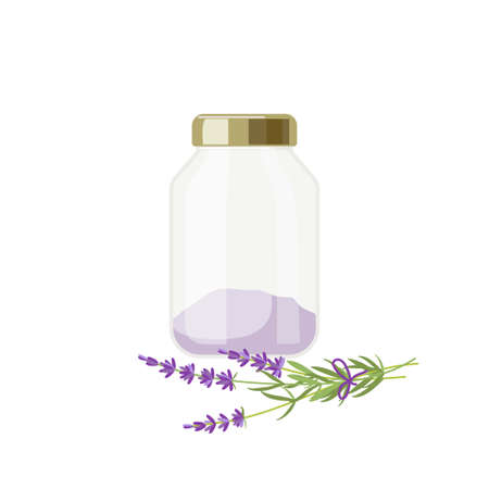Jar with lavender bath salt and fresh lavender flowers. Sea salt vector isolated on white background. Relax concept for wellness, massage, spa salon or home spa concept.のイラスト素材