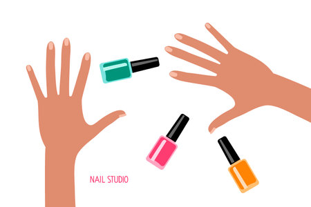 Female hands, nail polish bottles with different colors on white background. Concept of manicure and color choice flat vector illustration. Manicure accessories, equipment tools.のイラスト素材