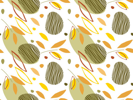 Nature Minimal seamless pattern with falling leaves. Hand drawn various figures in fallen leaves colors. Trendy collage for textile, wrapping paper, wallpaper, cover design for autumn holidays.のイラスト素材