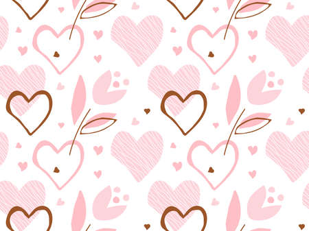 Flower and heart seamless pattern. Pink, gold background for Valentines Day, wedding, birthday for textile, wrapping paper, wallpaper, cover design in trandy collageのイラスト素材
