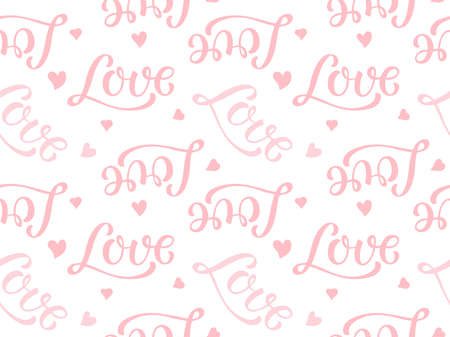 Love seamless pattern. Handwritten calligraphy lettering. Pink background for Valentines Day, wedding, birthday for textile, wrapping paper, wallpaper, cover design in trandy pastel colorsのイラスト素材