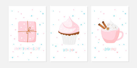 Happy Valentines card set. Pink Template Collection. Flat vector isolated. Romantic minimalist poster for Valentines Day. Festive congratulations. For poster, card, banner, invitation, greeting cardのイラスト素材