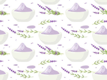 Seamless pattern with bowl of lavender bath salt and fresh lavender flowers. Sea salt vector isolated. Wellness, massage, spa salon wallpaper, textile, wrapping paper, cover design in pastel colors.のイラスト素材