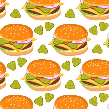 Burger seamless pattern. Cartoon hamburger repeating pattern. Fast food design. Flat design for menu cafe, restaurant. For textile, wrapping paper, wallpaper, cover designのイラスト素材