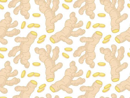 Ginger root seamless pattern. Hand drawn ginger illustration isolated on white background, Organic healthy food ingredient for farmer market, restaurant menu, wallpaper, harvest festival, cover designのイラスト素材
