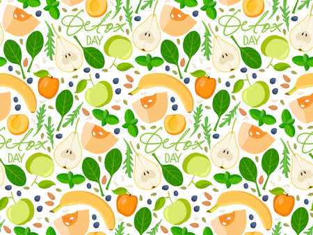 Seamless pattern with Detox day text and smoothie ingredients. Healthy fruits, vegetables, greens,...