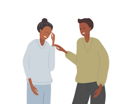 Woman suffers from obsessive thoughts, experiencing headache, stress, depression. Man sympathizes with her. Lady has stressful facial expression. Flat vector illustration. Physical injury.のイラスト素材