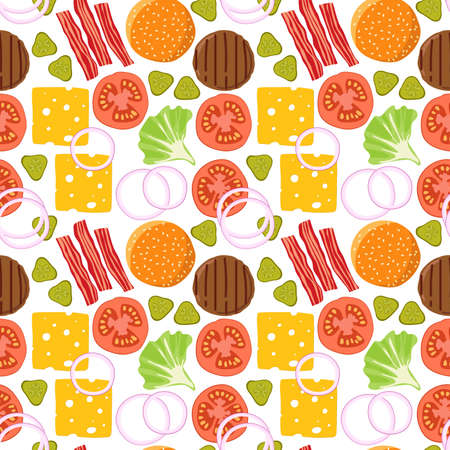 Burger ingredients seamless pattern. Cartoon hamburger recipe repeating pattern. Fast food design. Flat design for menu cafe, restaurant. For textile, wrapping paper, wallpaper, cover designのイラスト素材