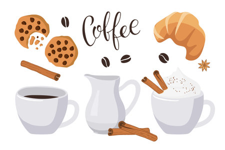 Coffee text with two coffee mugs, creamer, croissant, cookies, cinnamon. Vector calligraphy lettering. Template of banner or poster for coffee shop, restaurant, cafe.のイラスト素材