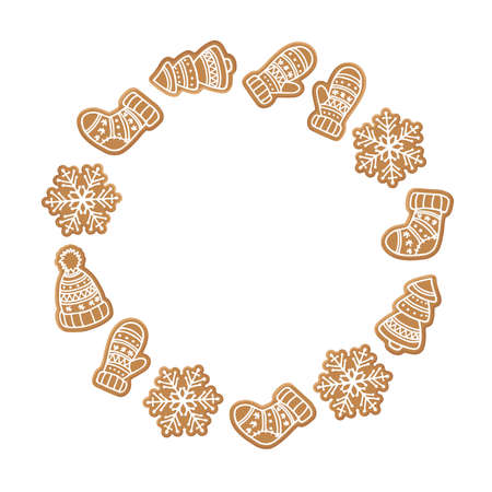 Round frame with gingerbread cookies of different shapes. Christmas tree, hat, sock, mittens, snowflake. Round wreath with copy space for invitation, card. Cartoon sweet food flat vector illustrationのイラスト素材