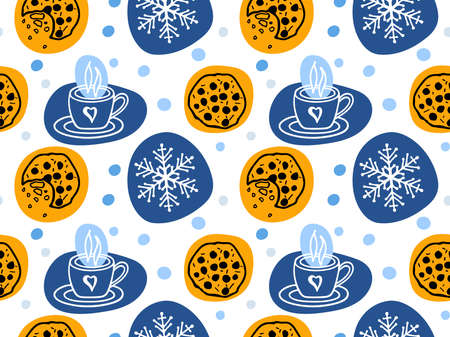 Seamless pattern with cookies, hot drink cup and snowflake. Winter repeated scketch background. Flat vector illustration for textile, wrapping paper, wallpaper, cover design.のイラスト素材