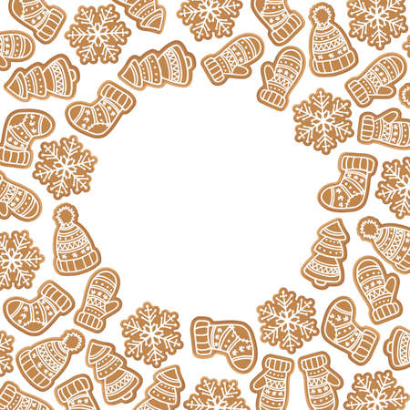 Round frame with gingerbread cookies of different shapes with copy space. Homemade gingerbread biscuit. Cartoon sweet food flat vector illustration for invitation, card, winter holiday design.のイラスト素材