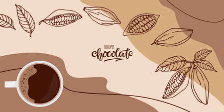 Hot Chocolate abstract background. Cocoa beans sketch, handwritten lettering. Design for menu, cafe, restaurant. Abstract backdrop for modern banner or posterFor packing, label, recipe design.のイラスト素材