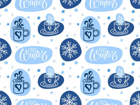 Cozy winter seamless pattern with hot drink cup, snowflake, lettering. Blue Winter repeated sketch background. Vector illustration for textile, wrapping paper, wallpaper, cover design.のイラスト素材