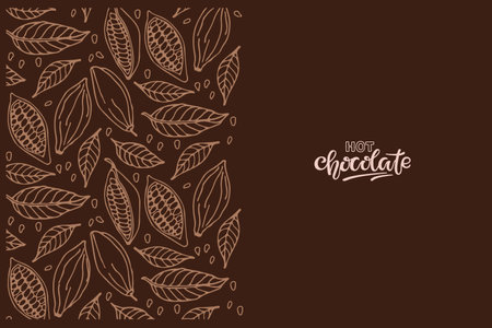 Hot chocolate calligraphy lettering on dark brown background and cocoa beans sketch border. Vector illustration in flat style For cafe menu, pack design, print design, poster, web banner,のイラスト素材