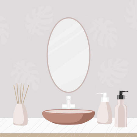 Bathroom, sink with crane, oval mirror, soap bottles, aromadiffuser. Cozy bathroom interior. Wall with natural decor. Home Skin and Body Care. Bathroom accessories. Flat vector illustration.のイラスト素材