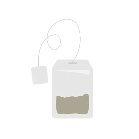 Teabag with paper label. Teabag packaging with label icon. Cartoon vector illustration isolated on white background. International tea day.のイラスト素材