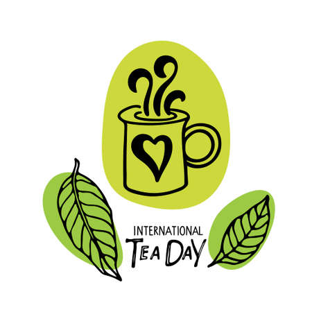 International Tea Day sign. Cup of tea and leaves sketch, inscription. Hot drink Cartoon vector illustration isolated on white background for print, web, icon, congratulation, invitation, party decor.のイラスト素材