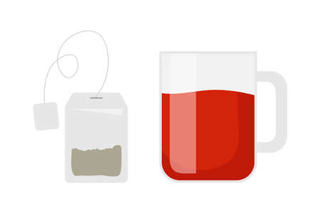 Teabag with paper labeland mug of tea. Teabag packaging with glass mug filled with tea. Cartoon vector illustration isolated on white background. International tea day.のイラスト素材