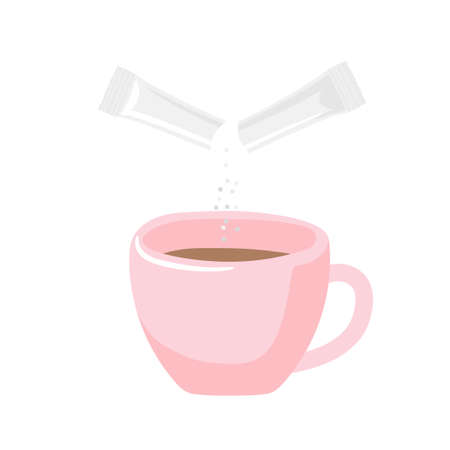 Sweet tea. Granules fall from torn sachet into cup of tea. Preparation of sugary drink. Sugar sachets. White refined sugar individual skicks portions. Cartoon vector illustration isolated on white.のイラスト素材