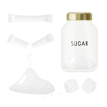 White sugar set. Jar with inscription, piles, two cubes, sachets. Unhealthy nutrition, ingredient for preparation of sugary drinks, pastries. Cartoon vector illustration isolated on white background.のイラスト素材