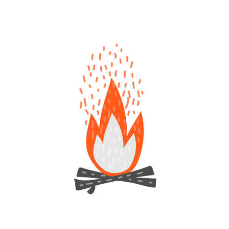 Cartoon bonefire. Black sticks or firewood burn in red fire. Burning wood. Vector hand drawn illustration isolated on white background. Camping colors icon for web banner, campsite cooking or BBQのイラスト素材