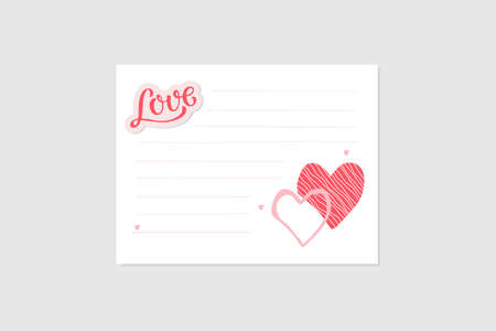 Love letter. Love handwritten lettering sticker, two hearts, lines to writing. Note or notebook page template. Write Template. Flat vector isolated. Romantic surprise for Valentines Day, birthday.のイラスト素材