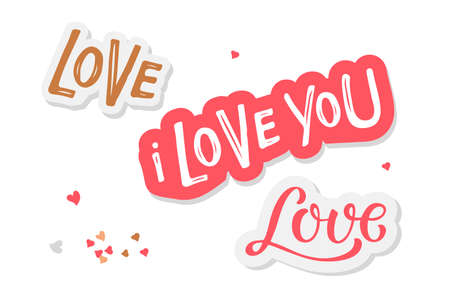Love sticker collection, handwritten lettering. St. Valentines Day or Wedding or birthday decorative elements. Romantic illustrations set on white background. Love day vector cliparts.のイラスト素材