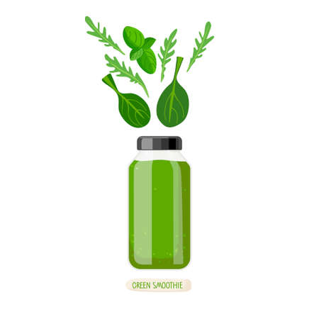 Green smoothie. Glass smoothie bottle with green liquid and ingredients. Vegetable Greens, spinach, arugula, basil isolated on white. For menu, banner for healthy eating. Fresh energetic detox drink.のイラスト素材