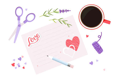 Love letter. Preparations for Valentines Day, Birthday Flat vector isolated. Letter pattern, pencil, coffee mug, confetti, stickers, scissors, lavander plant. Romantic congratulations. Holiday decor.のイラスト素材