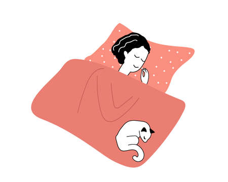 Young woman sleeps on pillow under blanket and smiles at dreams. Pet sleeps on blanket of his housekeeper. Girl resting with his cat. Healthy lifestyle Concept flat Vector illustration in flet styleのイラスト素材