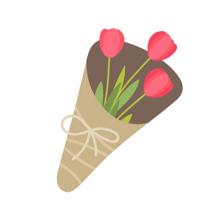 Tulip bouquet. Vector flat Illustration isolated on white. Bouquet of pink blooming flowers in wrapper. Flowers wrapped in craft paper for congratulations on birthday, valentines day, womens day.のイラスト素材