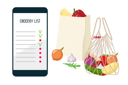 Smartphone grocery list. Abstract smartphone interface. Checklist on screen with Bag and grid with food. Vector flat illustration isolated on white background. Business and technology conceptのイラスト素材