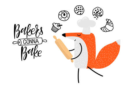 Cartoon fox with rolling pin and chefs hat and Bakers gonna bake quote. Hand written Calligraphy Lettering and Cute flat cartoon character. For card, banner, kitchen decor, culinary school, store.のイラスト素材