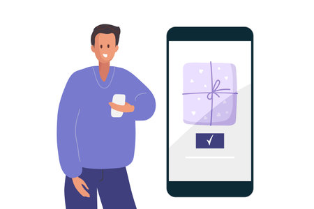 Online gift order. Man stands and orders gift. Gift box on phone screen. Vector flat illustration isolated on white background. Internet shop, customer service, Smartphone apps concept.のイラスト素材