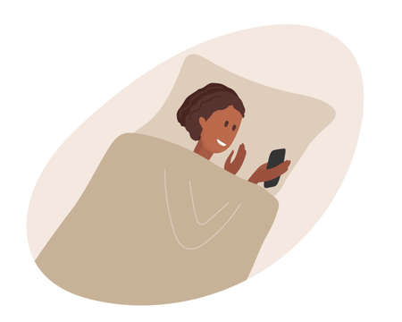 Young woman lies in her bed under blanket and looks into phone. Lady before going to bed. Obsession with gadgets, social networks, instant messengers flat Vector illustration in flet styleのイラスト素材