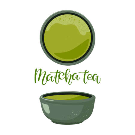 Japan Matcha Green Tea Bowl with Traditional japanese beverage. Cups and Matcha Tea calligraphy lettering. Green liquid in cups. Handmade Ceramic bowl with healthy drink. Flat vector illustrationのイラスト素材