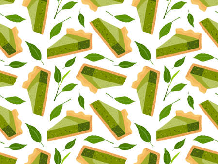 Matcha pie seamless pattern. Homemade vegan japanese green tea pastries. Piece of matcha Japanese cheesecake. Vector flat repeated background for wallpaper, wrapping, packing, textile, scrapbookingのイラスト素材