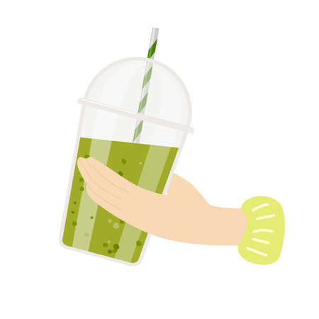 Hand holding Matcha cup. Plastic takeaway cup with green liquid, Traditional japanese drink. Fresh energetic drink, antioxidant. Detox shake for healthy eating. Trend food and drink concept.のイラスト素材
