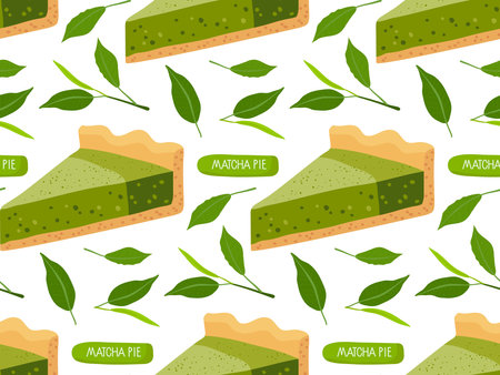 Seamless pattern with Matcha pie. Piece of matcha Japanese cheesecake, tea leaves, inscription. Vector flat repeated background for wallpaper, wrapping, packing, textile, scrapbookingのイラスト素材