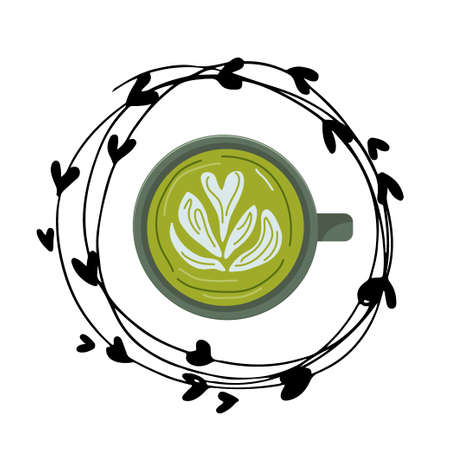 Round frame with Green Tea Matcha latte foam with milk Cup, Traditional japanese beverage, healthy drink. Green liquid in cups. Flat vector illustration isolated, top view. Cappuccino drinkのイラスト素材