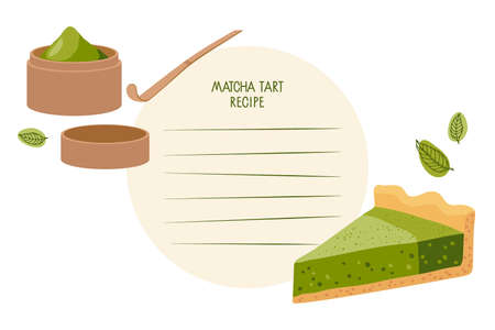 Recipe Write Template. Matcha pie, Background for recipe. Recipe card template with blank space for writing recipe. Culinary course poster concept, culinary school. Baked tart with green tea flavorのイラスト素材
