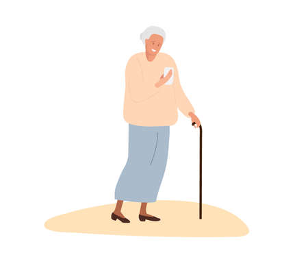 Elderly woman with cane looking at her smartphone and smiling cute. Senior woman holding mobile phone. Senior persone learning to use the telephone. Video chat. Flat vector illustration.のイラスト素材