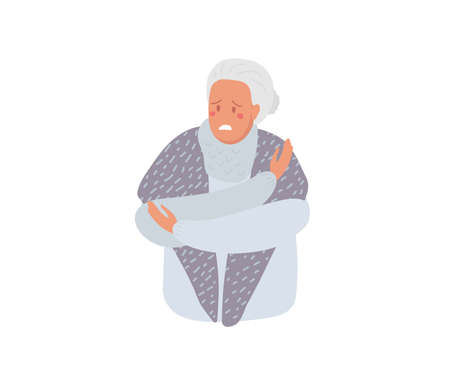 Suffering from cold. Senior woman escapes from cold, hugs herself with her hands, trying to keep warm. Mature lady wears warm shawl or winter handkerchief. Flat vector illustration.のイラスト素材