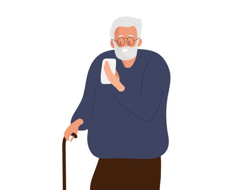 Elderly man with cane looking at her smartphone. Senior man with gray hair and beard holding mobile phone. Senior persone learning to use telephone. Video chat. Flat vector illustration.のイラスト素材