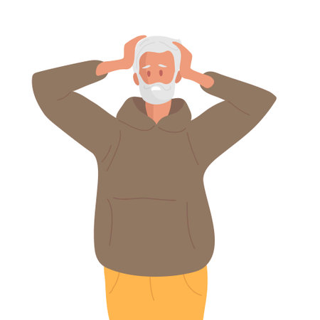 Mature elderly man holds his head with his hands due to pain or stress. Man with gray hair and beard experiences confusion, bewilderment, fear. Colored flat cartoon vector illustration isolated.のイラスト素材