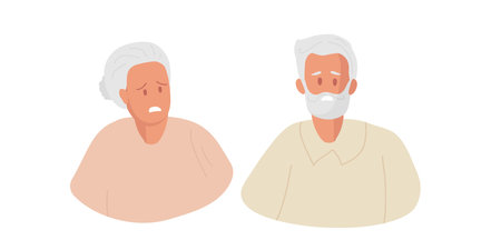 Two sad elderly people. Unhappy elderly woman and man with gray hair. Senior couple. Worried old people. Colored flat cartoon vector illustration isolated.のイラスト素材